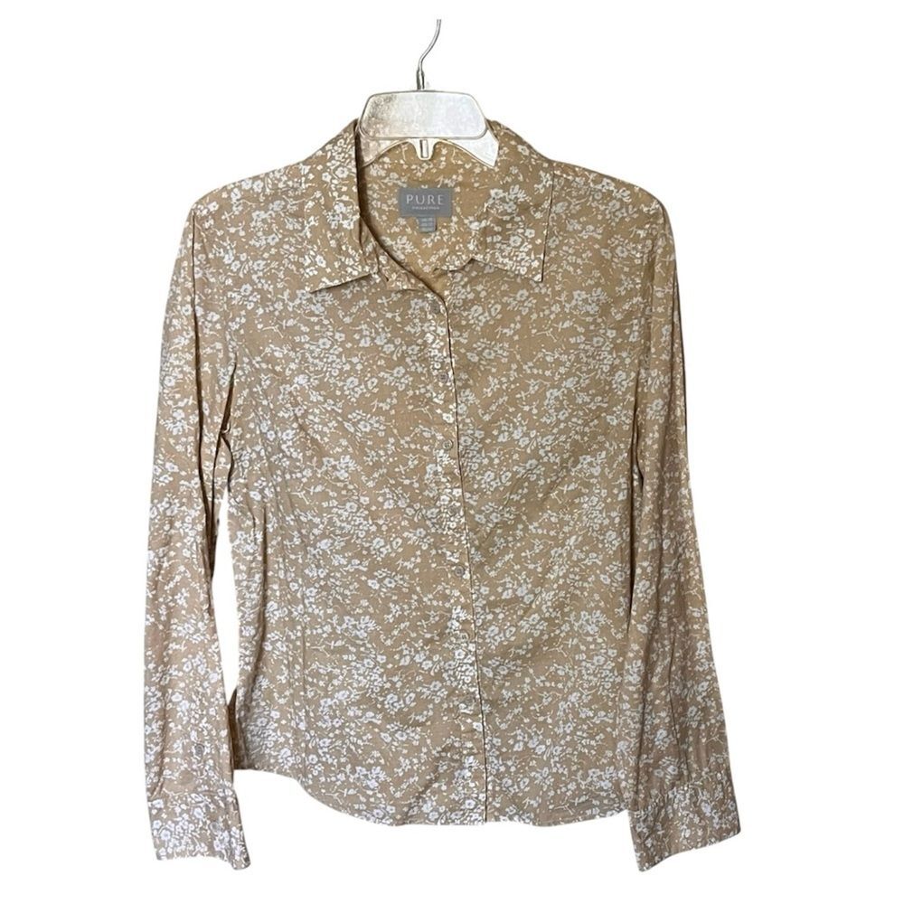 Pure Collection Cotton Tan/White Floral Long Sleeve Button Front Shirt Size 12